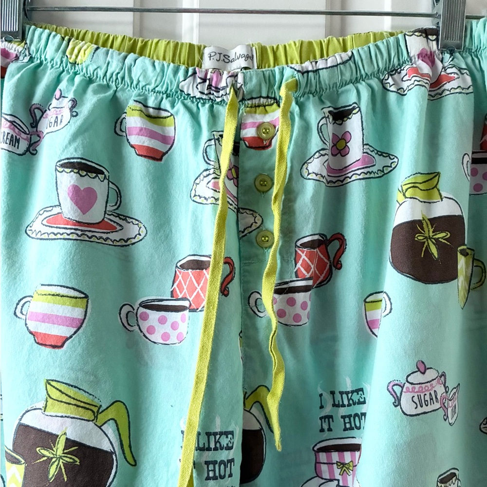 P.J. Salvage Cotton Pajama Set Short Sleeve Morning Breakfast Coffee Teal Size L - Picture 8 of 15